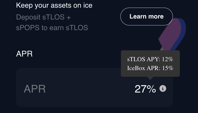 wildcard_dao's tweet photo. 6/
3️⃣How to earn 3x more rewards
There are 2 VERSIONS of IceBox to choose from:
1. The first one allows you to earn 27% APR paid in #sTLOS just by depositing sPOPS & sTLOS
This version requires a 1:1 sPOPS to sTLOS ratio.🍭 https://t.co/mWITmGRgIt