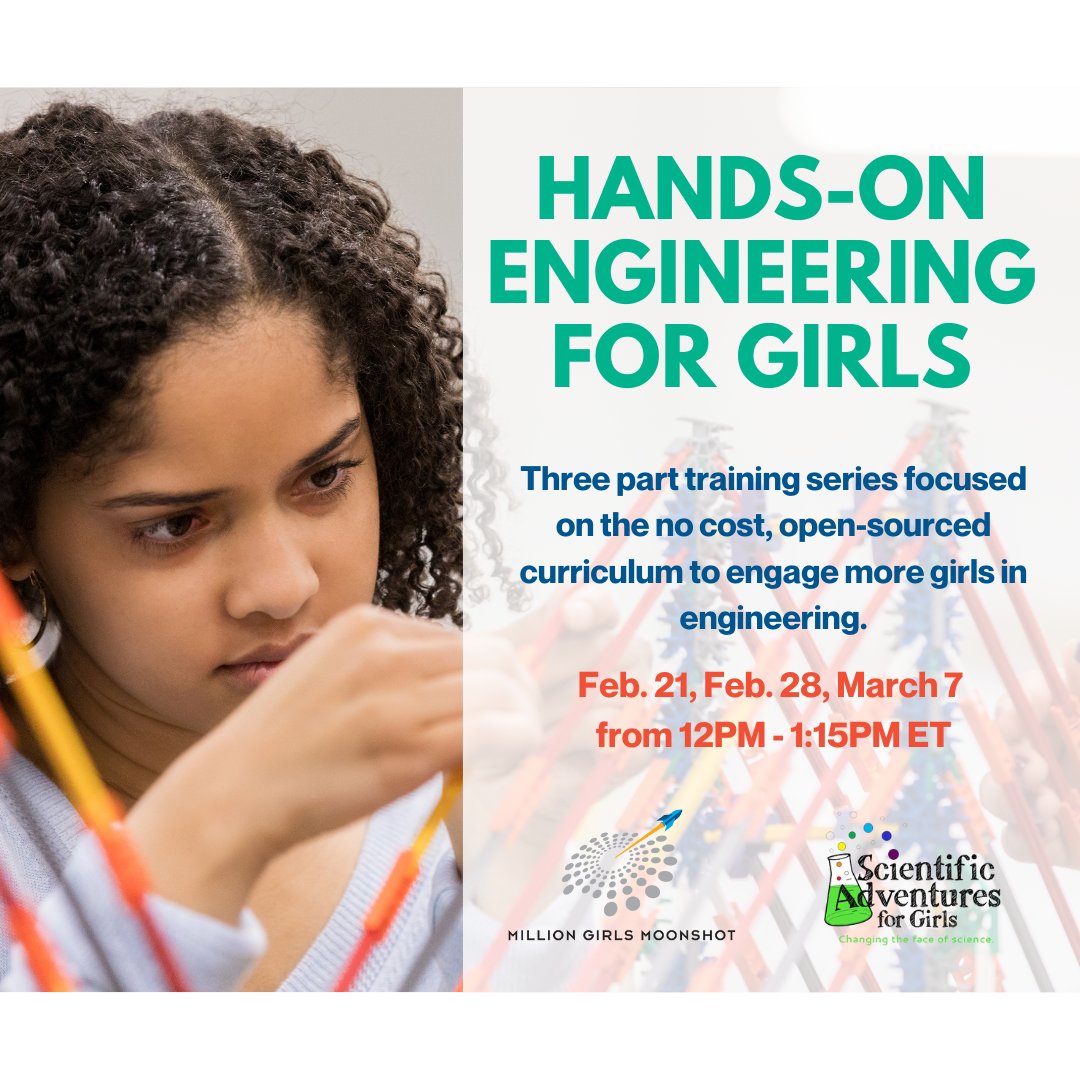 Join @SAfG_BayArea Scientific Adventures for Girls in a 3-part curriculum training series focused on their no-cost, open-sourced curriculum to engage and excite more girls in engineering and design. Register for the first session on Feb. 28 today! bit.ly/3BRS38Y