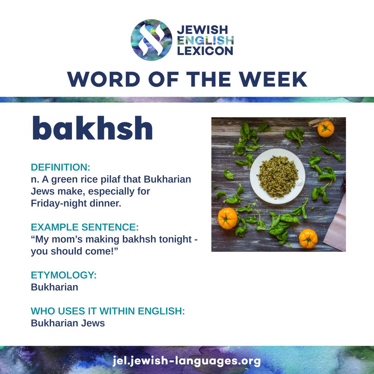 It's finally Thursday again! 🥳 This week we're featuring bakhsh, from Bukharian, as our Jewish English Lexicon Word of the Week. Tell us your favorite bakhsh recipe, and check out the full entry here: jel.jewish-languages.org/words/2908.
#jewishlanguage #bukharian #jewish #food #jewishfood