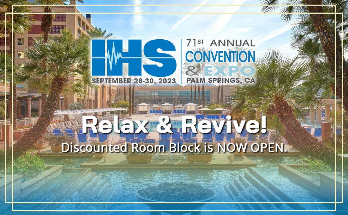IHSinfo's tweet image. Take a trip with us to a desert oasis September 28 - 30! Save the date for the 2023 IHS Convention &amp;amp; Expo in Palm Springs, California. Registration officially launches in May!

Learn more about the hotel and book your stay at ihsconvention.org/hotel/

#IHSConv2023 #IHSHear4U