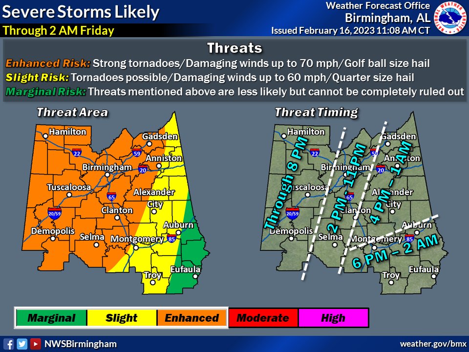 NWSBirmingham's tweet photo. ⚠️Latest severe weather forecast update has some minor changes to the eastward extent of the Enhanced Risk, but bottom line is that EVERYONE is going to see a threat of severe storms as we go through the day.  Stay weather aware!! #alwx https://t.co/akevyrLVFX