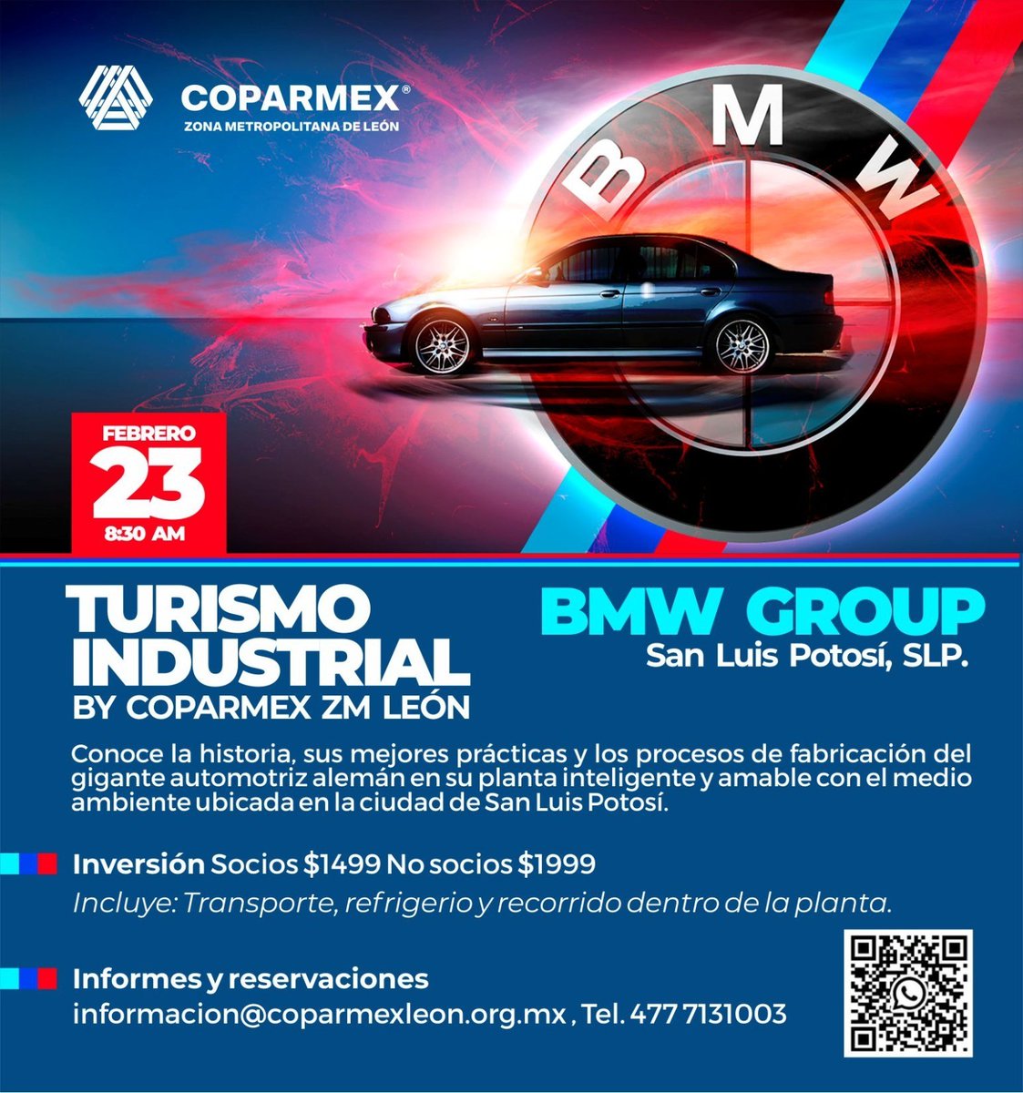CoparmexZMLeon's tweet photo. ✈️¿Quieres visitar con nosotros la planta de BMW San Luis Potosí? 🇲🇽🇩🇪Nuestro TURISMO INDUSTRIAL de Febrero te lleva a conocer al 🚗gigante automotriz alemán este Jueves 23 de Marzo a las 8:30 am. 📞Mayores informes al 477 7131003 o al whatsapp 477 120 3575 https://t.co/JxVQeuBtpL