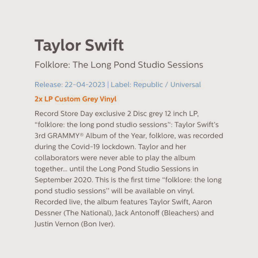 Taylor Swift España on X: 🔴 ÚLTIMA HORA: Taylor Swift va a lanzar un  nuevo vinilo exclusivo del Record Store Day 2023: 'Folklore: The Long Pond  Studio Sessions'.  / X