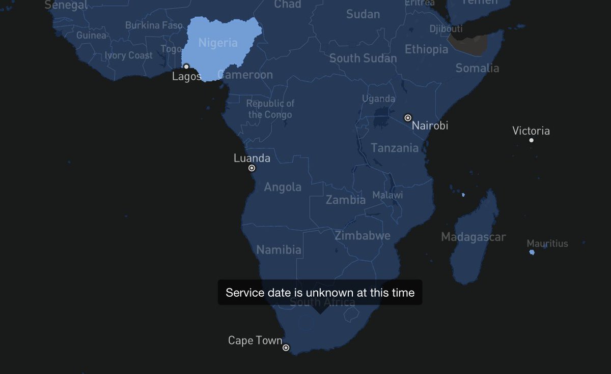 patrroll's tweet photo. Interesting to see @SpaceX's Starlink is planning to have service starting soon in every country south of Kenya except South Africa.  It would be interesting to understand what is holding it back in South Africa. https://t.co/8bLJEaFnue