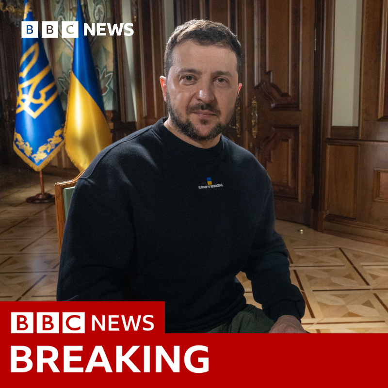 BBCBreaking's tweet photo. Ukraine's President Volodymyr Zelensky tells BBC he will not concede territory in any peace deal as "Russia would keep coming back"