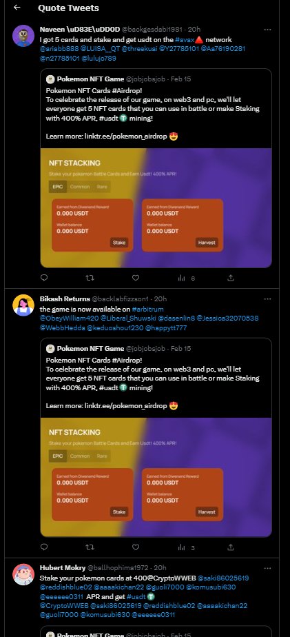 Iamdeadlyz's tweet image. 1/

Two-in-one: Wallet drainer &amp;amp; #NetSupportRAT

Mass mentions &amp;amp; DMs to lure -&amp;gt; @jobjobsjob (82226526)

/pokemoncards-nft.com
Notif to: 195.133.197[.]185

🚩@etherscan 
0xaAcCa4Ed989A3508d37e2432ADE900B8Ce657d2F
has back-and-forth txs: 0xE497Dc4cDCCbE258968A65dEBbe2006d3B3Ad15f