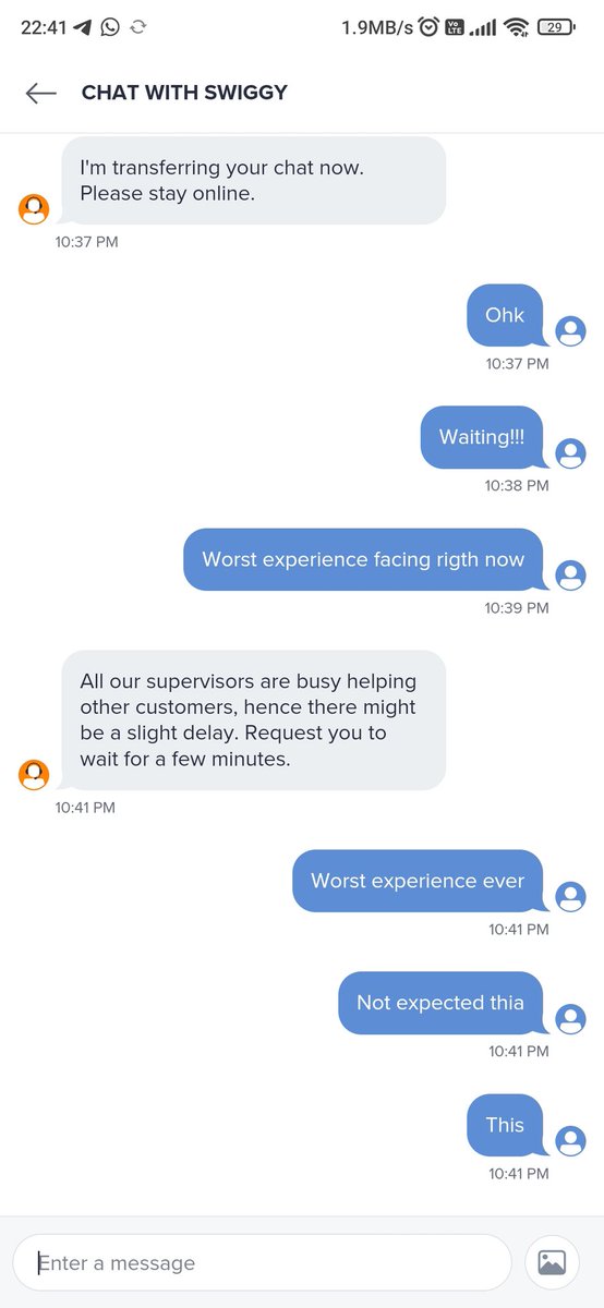 akshit_mokani's tweet photo. Continued conversing with Swiggy customer from 10:00 PM to now, but no resolution was provided.
Due to their one resolution, I need to pay an additional ₹100 for the same order. 
I am a Swiggy One member, yet I am still having problems. 
#worst_Experience
@SwiggyCares @Swiggy https://t.co/ejSwK5QG2d