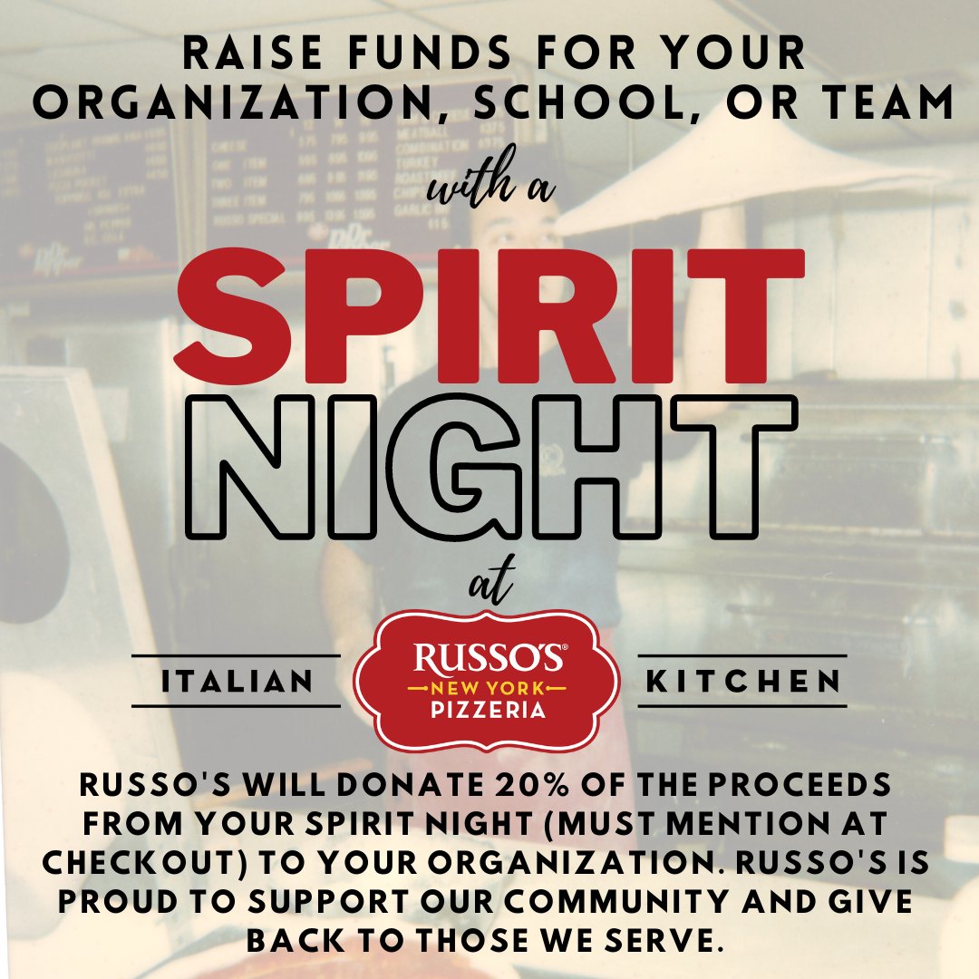 RussoNYPizzeria's tweet image. Did you know Russos offers Spirit Nights? Raise money for your group while enjoying the best #NYStylePizza &amp;amp; authentic Italian dishes! We’re proud to give back to the communities we serve! #spiritnight #fundraiser #newyorkstylepizza #pizza
Interested? Email: Lilly@NYPizzeria.com
