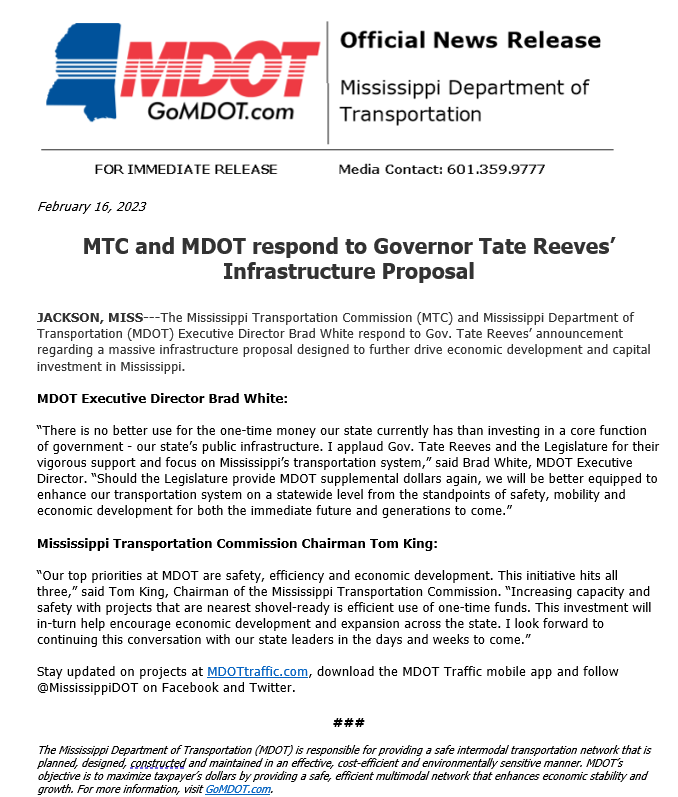 MississippiDOT's tweet image. The Mississippi Transportation Commission and MDOT respond to Governor @tatereeves' infrastructure proposal. 

READ MORE: bit.ly/3YCrIVK