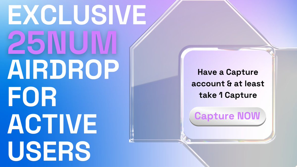 captureapp_xyz's tweet photo. 🪂Exclusive Airdrop for Active Users!
As a thank-you to our active users, "25" #NUM native tokens will #airdrop to qualified users!
⏰From now to 2023/3/1, 13:00 UTC
💪Qualification: Have a #Capture account and at least take "1" Capture.
Don't miss the #CapturetoEarn chance 😎 https://t.co/jVZqysewtp