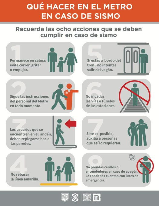 MetroCDMX's tweet photo. Durante un sismo guarda la calma y sigue las instrucciones del personal del Sistema, las instalaciones del Metro son seguras. https://t.co/fWQE3qeceU