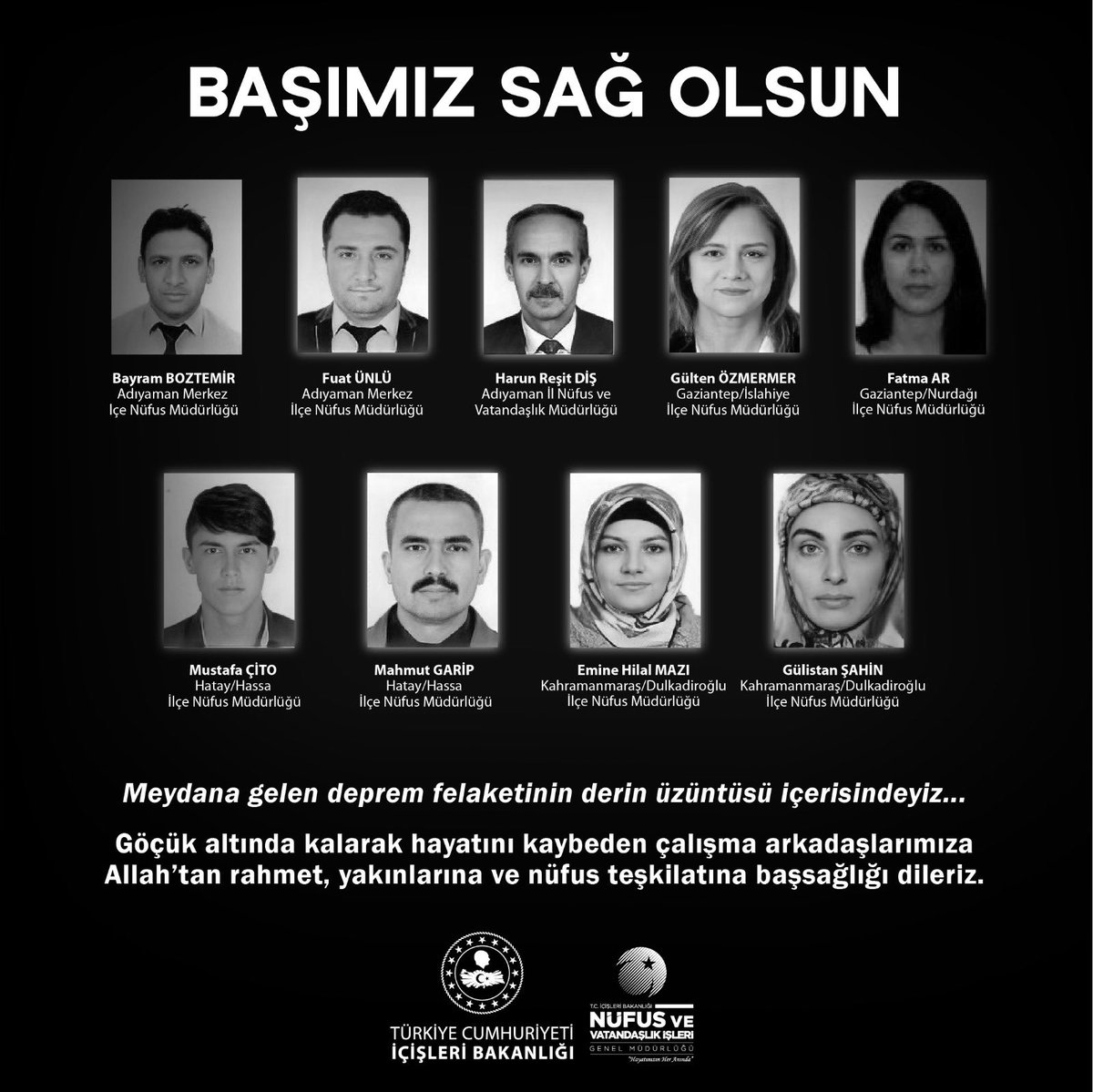 Ülkemizde yaşanan deprem afetinde göçük altında kalarak hayatlarını kaybeden mesai arkadaşlarımıza ve hayatlarını kaybeden tüm vatandaşlarımıza Allah'tan rahmet kederli ailelerine ve milletimize sabırlar diliyoruz. 🇹🇷🇹🇷🇹🇷
<a href="/TCNufus/">Nüfus ve Vatandaşlık İşleri Genel Müdürlüğü</a> <a href="/sefikaygol/">Şefik AYGÖL</a> <a href="/Balikesir_nvi/">Balıkesir İl Nüfus ve Vatandaşlık Müdürlüğü</a> <a href="/MahmutKececi61/">🇹🇷Mahmut KEÇECİ🇹🇷</a>