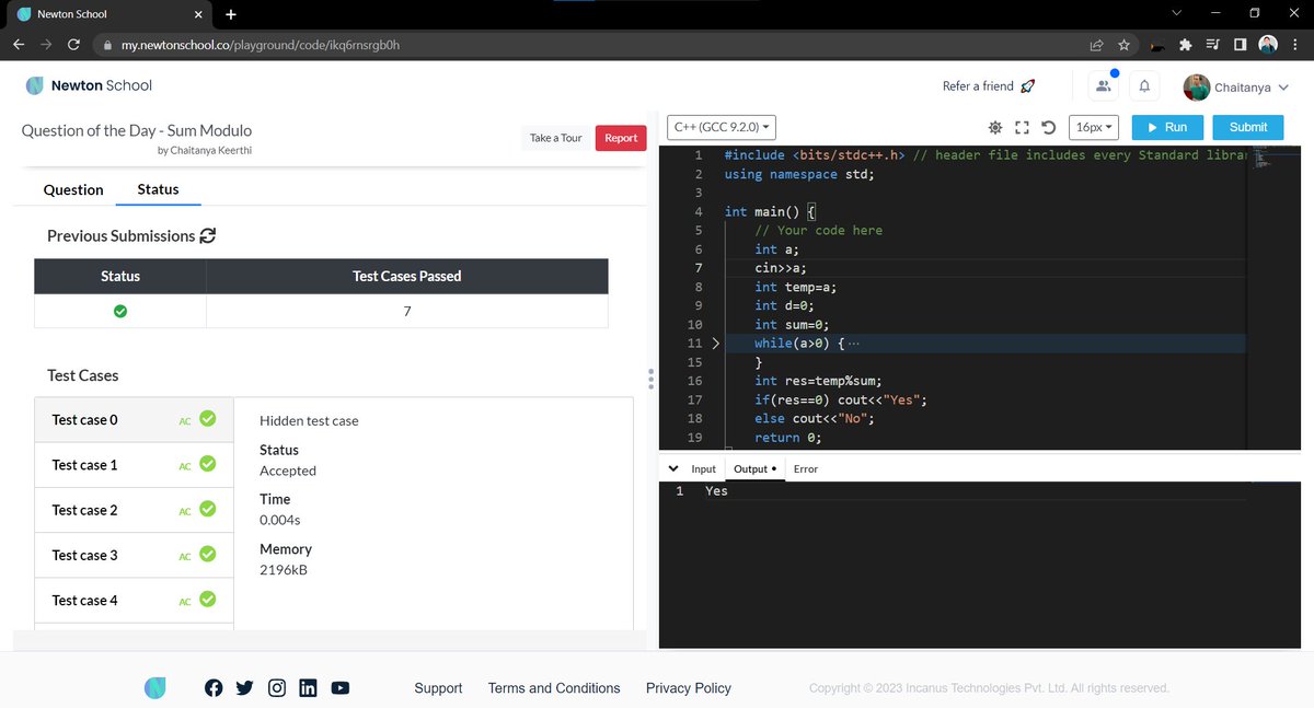 chaitanya8921's tweet photo. Hey friends, I just completed Day 48 of the 51 Days of Code Challenge with the @NewtonSchoolHQ community.
Today I solved the question - Sum Modulo
#newtonschooldiscord #51daysofcode #30Daysofcode #100DaysOfCode https://t.co/FtRK5QNGSX