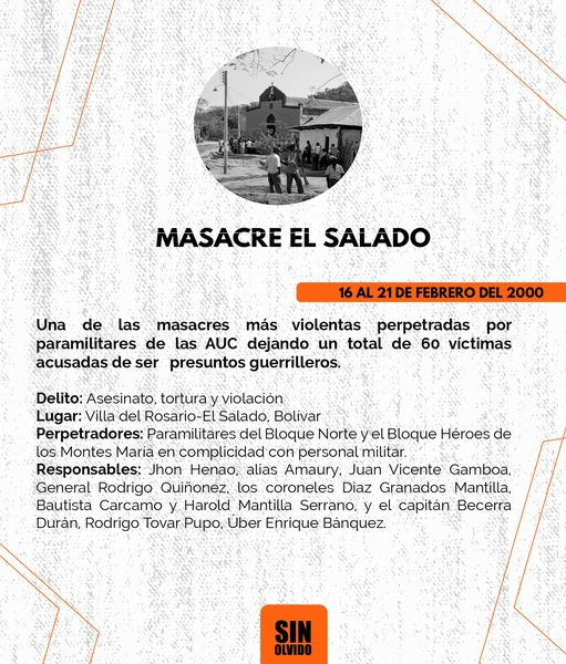 minino1601's tweet photo. Foto cortesia @SINOLVIDO 
Hoy se conmemoran 23 años del inicio de la masacre del Salado, una de las más crueles de nuestra historia reciente y de las peores atrocidades del paramilitarismo.
Quien no conoce su historia está condenado a repetirla @Contravia @JuanPabloMorris https://t.co/0jilVg3Frr