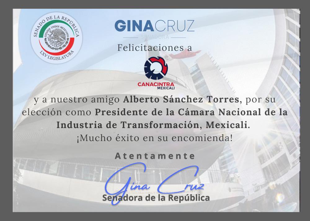Mi reconocimiento y felicitación para Alberto Sánchez Torres <a href="/prescanacintra/">Alberto Sánchez Torres</a>, mucho éxito al frente de <a href="/CanacintraMxl/">CANACINTRA Mexicali</a>.
