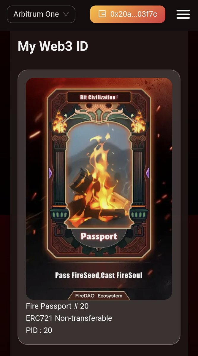 SpaceboyTF69's tweet photo. Minted my @FireDAOlab FirePassport #PID this evening! Joining the era of #BitCivilization 🔥 LFG #FireDAO #WAGMI 🚀

Live on @arbitrum (💙,🧡) #NFT #NFTCommunity #DID https://t.co/dTTURFnlFh