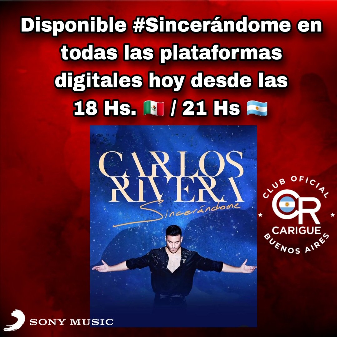 CarigueArg's tweet photo. #Sincerandome ❤ en todas las plataformas hoy desde las 18 Hs 🇲🇽/ 21 Hs 🇦🇷 
Riveristas de Argentina el formato físico desde el 30 de Marzo en todas las disqueras 💿. #CarlosRivera
@_CarlosRivera
@club_carigue @CarigueSedeBsAs
@sonymusicmexico @SonyMusicArg @WestWoodEntt https://t.co/dpJp4z2oYF