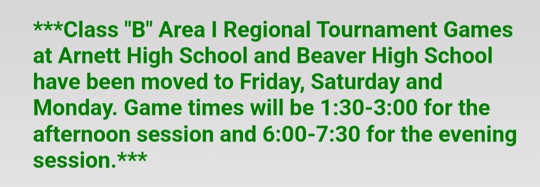 Due to inclement weather, the OSSAA has moved back Class B Regionals at Beaver to Friday, Saturday, and Monday
#okpreps