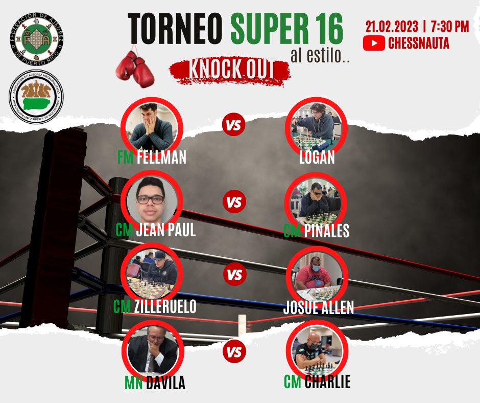 FedAjedrezPR's tweet photo. No se pierda 16 de los talentos del patio enfrentarse en el torneo Super 16 al estilo Knock Out 🥊. #FAPR #FAPRInforma https://t.co/rSRCeNRuvz