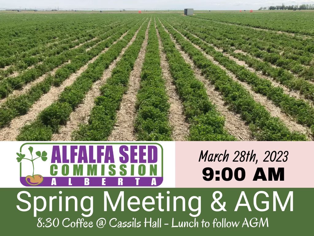 ASCA_Research's tweet photo. **PLEASE NOTE: Date has been changed to March 28th**
Our spring meeting is coming up! ASCA looks forward to seeing our growers there for a morning of industry updates, research and our AGM. 
#alfalfaseed #alfalfaseedcommissionalberta https://t.co/v6nWqIITP1