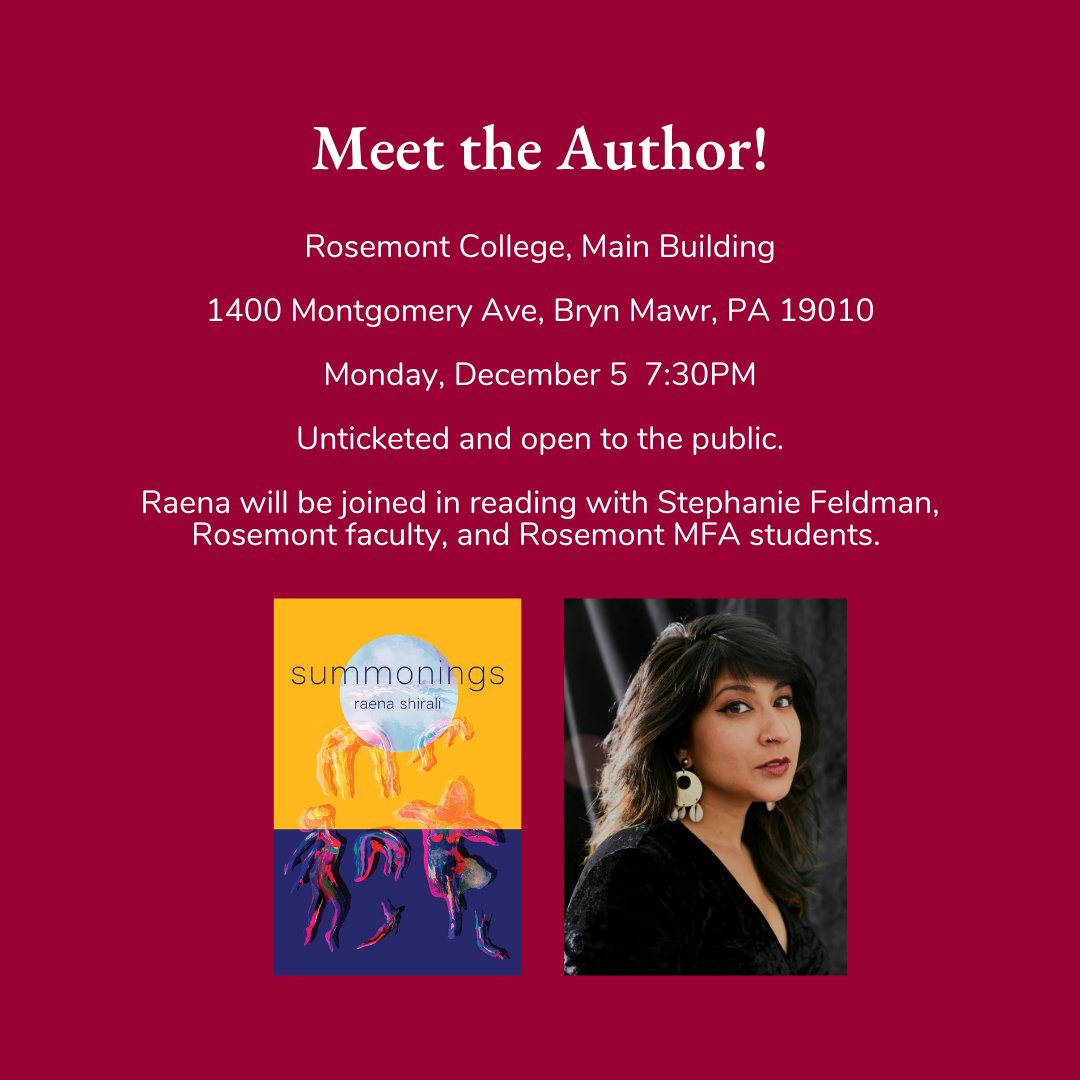 Rosemont_MFA's tweet photo. We're thrilled to welcome poet @raenashirali to campus next Tuesday, 2/21 to hear about her latest collection, "summonings". Come get your daily dose of poetry with us.
#writing #poetry #poet #publicreading #authorreading #amwriting #writingcommunity #phillyauthor https://t.co/AyqNa6YRys