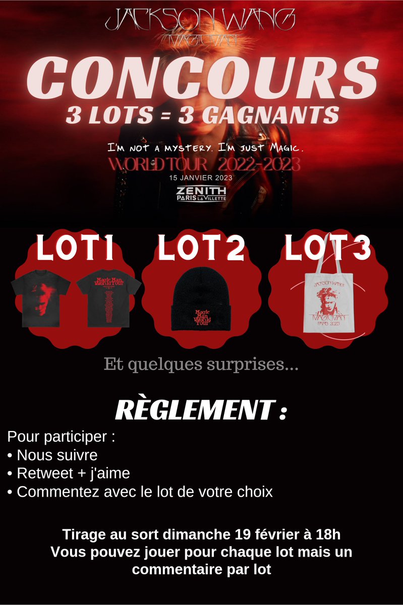 ✨ CONCOURS ✨ #MAGICMANinParis ~ 𝑼𝒏 𝒎𝒐𝒊𝒔 𝒂𝒑𝒓𝒆̀𝒔 💕

Remportez un des 3 lots ✨
📝 Règlement :
• Nous suivre
• RT + FAV
• Commentez avec le lot de votre choix

🗓️ TaS dimanche 19 février à 18h
🗺️ France, suisse, Belgique

#JacksonWang #MAGICMANWorldTour