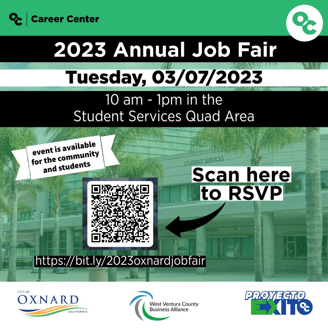 Join us on Tuesday, March 7, 2023, from 10 a.m. to 1 p.m. at Oxnard College (Student Services Quad Area) for the 2023 Annual Job Fair!

Event admission and parking is FREE. To register, please visit: bit.ly/2023oxnardjobf…