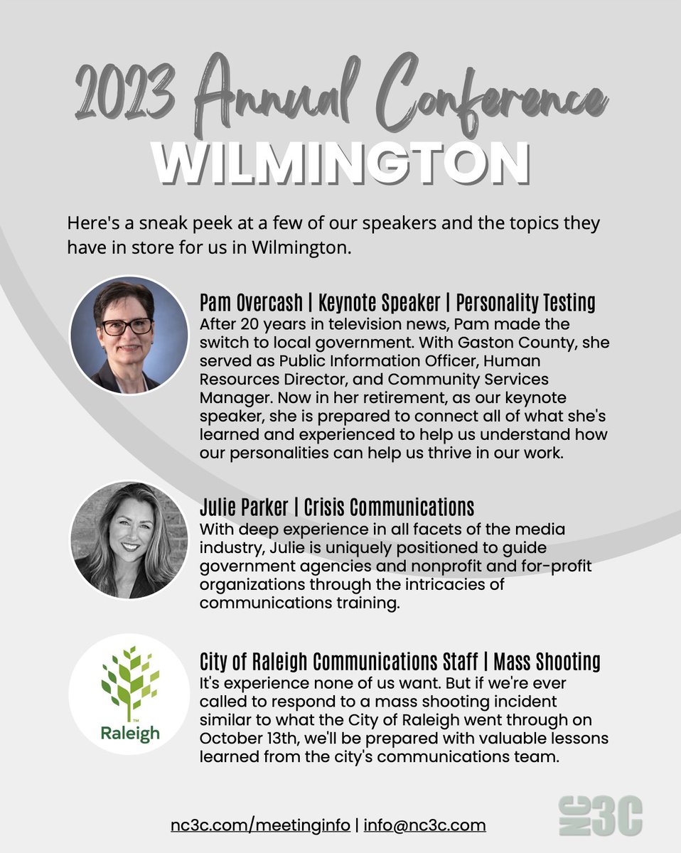 NCCommunicators's tweet photo. It is time to register for the 2023 NC3C Annual Conference! We are very excited about the speakers, including Pam Overcash, Julie Parker and the City of Raleigh Communications Staff. Register today: https://t.co/l0MO7IHoQA https://t.co/J7E5G9Bxar
