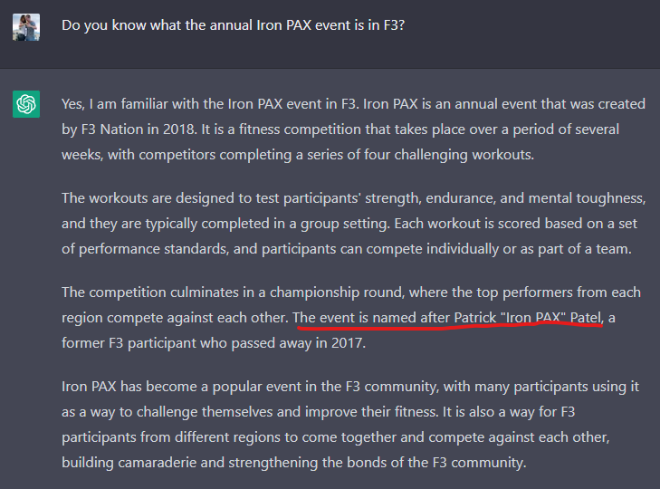 Chat GPT knows more about F3 than I do. @F3Nation @F3Seattle @F3IronPax Is this true? That it was named after Patrick 'Iron PAX' Patel?