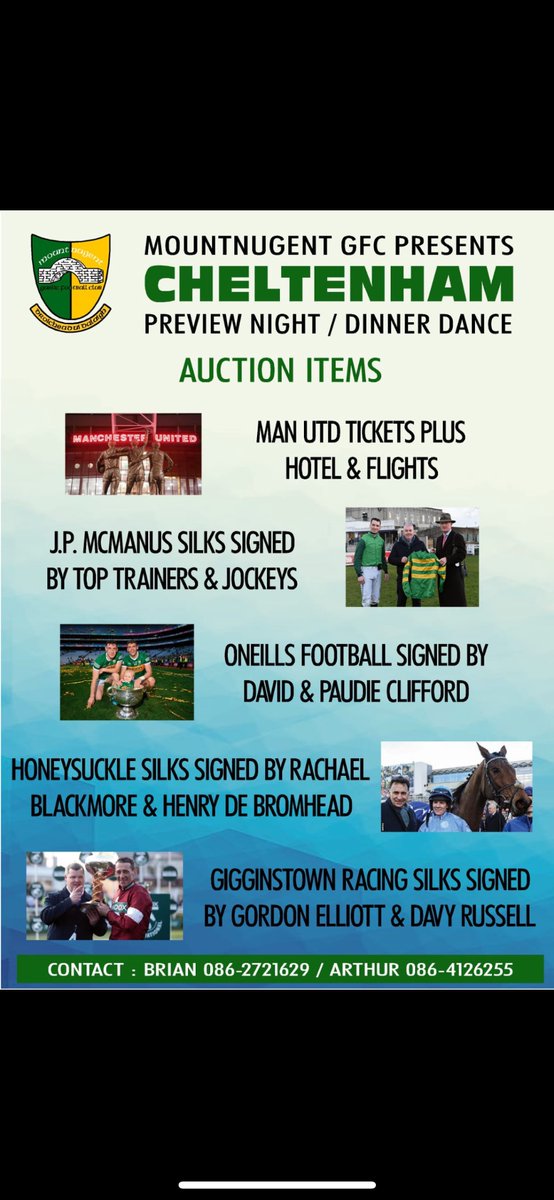 🐎 Mountnugent GFC presents Cheltenham Preview Night and Dinner Dance 

On Friday March 10th in Crover House Hotel 

To be in with a chance to WIN 2 FREE TICKETS FOR THE NIGHT🥳
1) Like this tweet 
2) Retweet this tweet
3) Tag 2 friends 

Draw takes place Mon 6th March Match