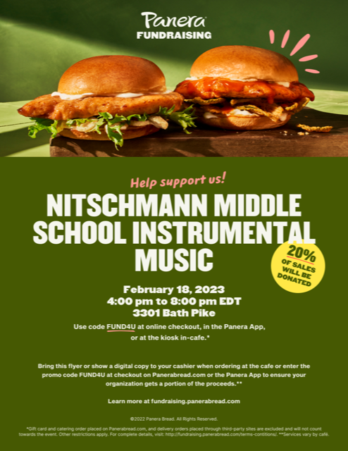 NMSBandOrch's tweet photo. Support the Nitschmann instrumental music ensembles by dining at Panera this Saturday from 4-8pm.  
@Nitschmannms @NIMASParents @nmsbandfront @BethlehemAreaSD https://t.co/5FjnUUWvuX