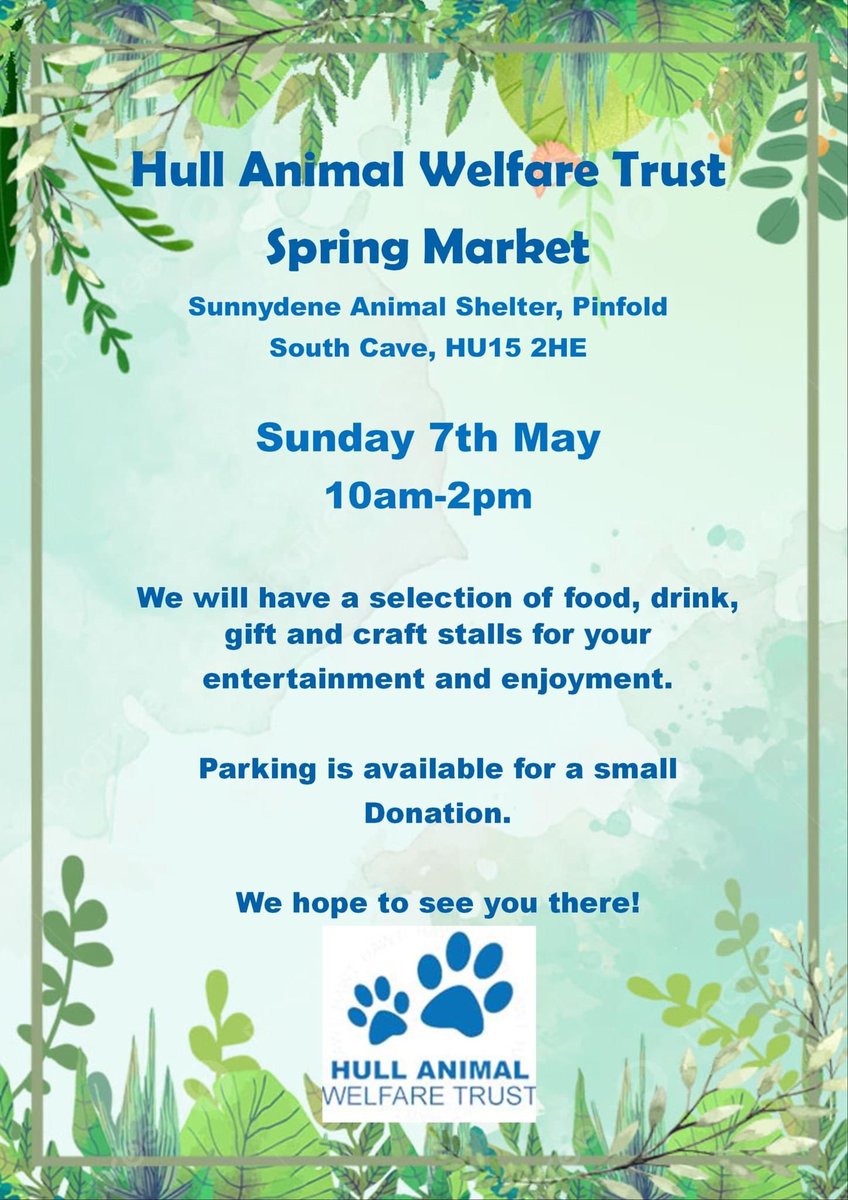 SPRING MARKET 

We are holding a Spring Market at our centre in South Cave. 

This is on Sunday 7th May at 10am-2pm. 
Parking is available for a small 
Donation.

We hope to see you there!

#charity #community #springtime #stalls #food #drinks  #eastyorkshire #rescuecentre
