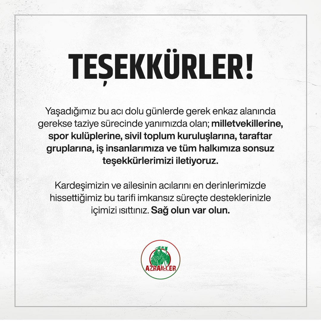 Teşekkürler! 
Kardeşimizin ve ailesinin acılarını en derinlerimizde hissettiğimiz bu tarifi imkansız süreçte desteklerinizle içimizi ısıttınız. 
Sağ olun var olun.