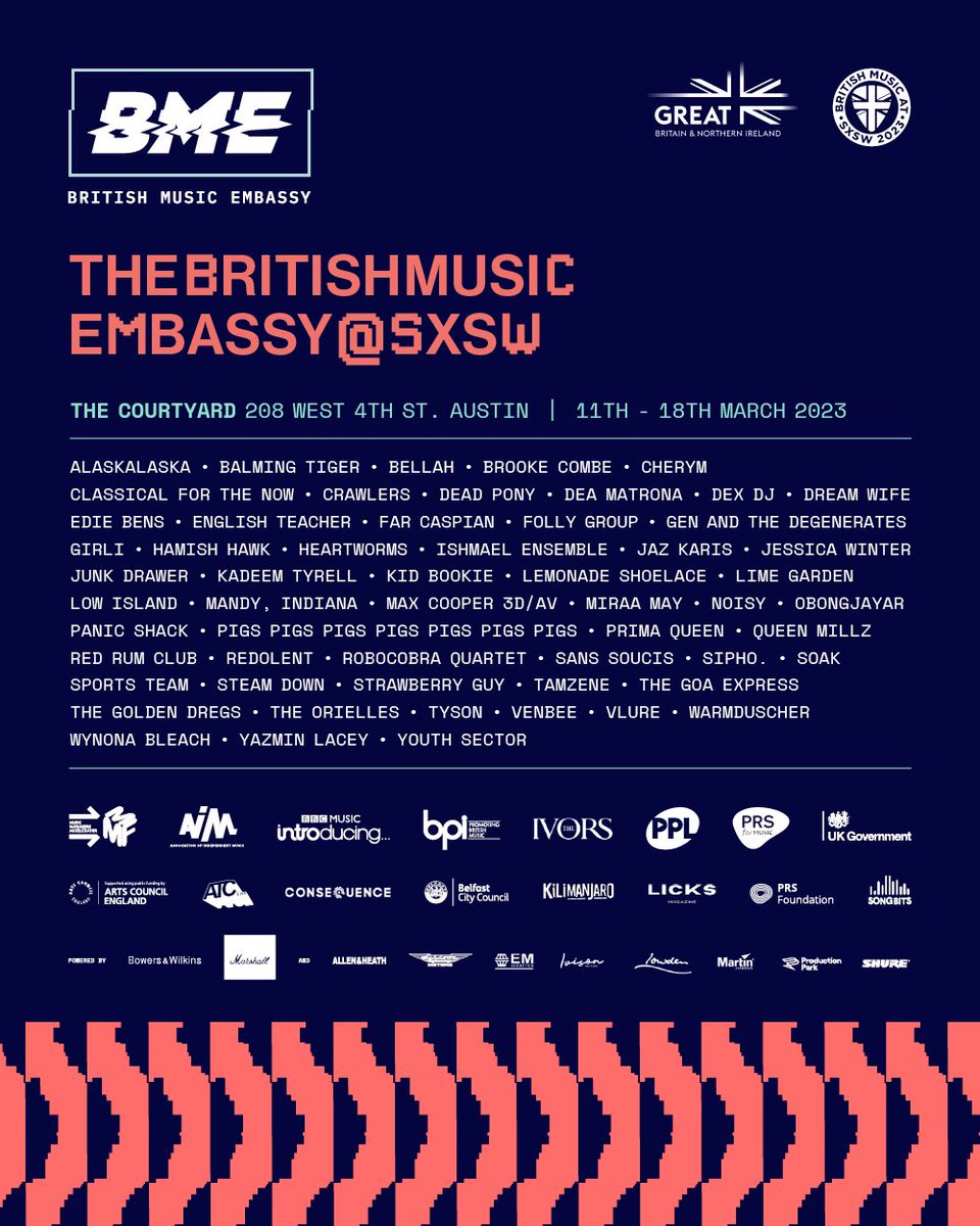 BME’s lineup for @sxsw 2023 is here YAAAS!🤘 As part of BME at SxSW, Output Belfast Presents: @cherymofficial @DeaMatronaBand @FarCaspian @junkdrawerband @lemonade_shoe8 @wynonableach 📍 BME at The Courtyard, Austin ⏱ March 16th, 2pm-6pm 🔥