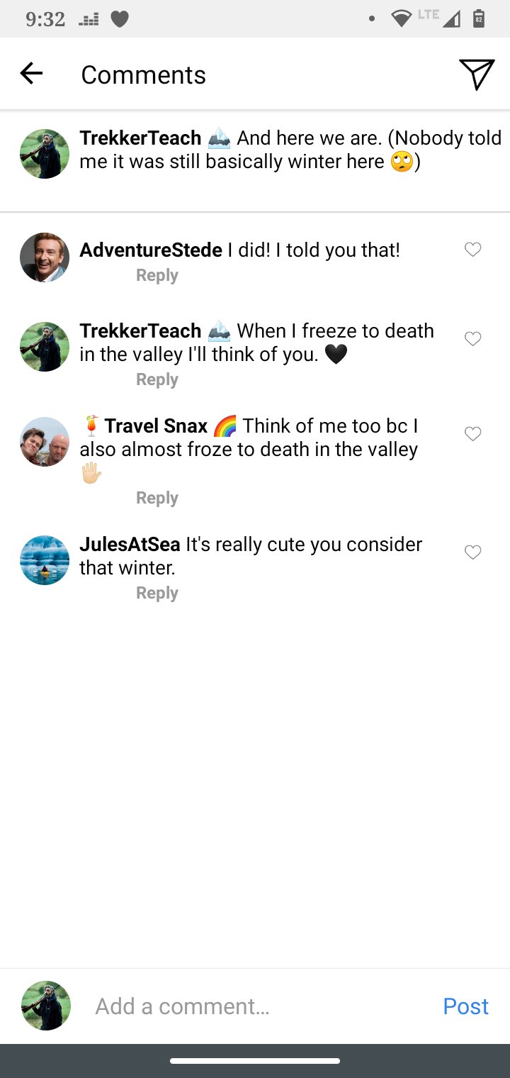 Ed's IG comments:
Stede:I did! I told you that!
Ed: when I freeze to death in the valley I'll think of you
Lucius : think of me too bc I also almost froze to death in the valley
Jules: it's really cute that you consider that winter 