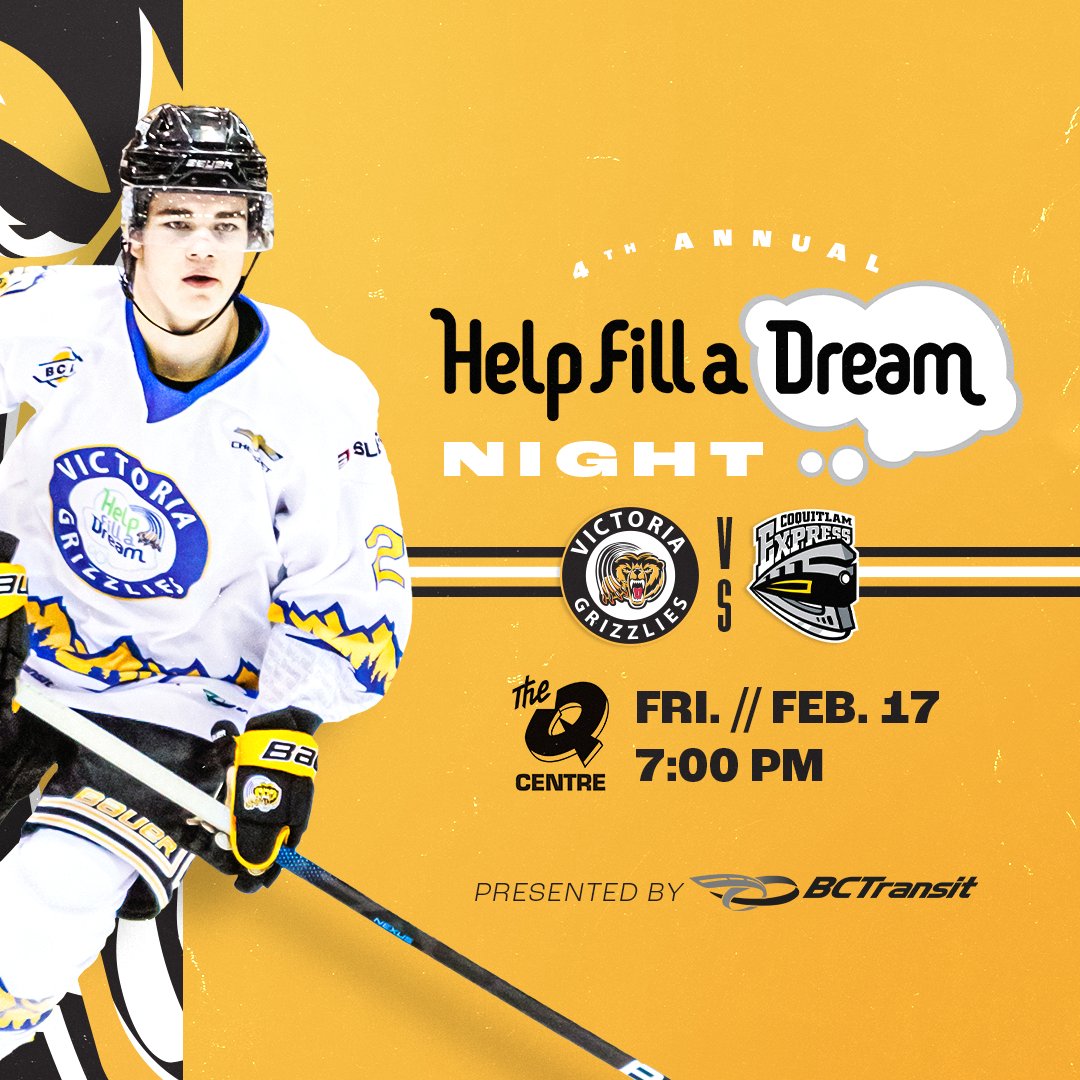 BCHLGrizzlies's tweet photo. Have you bought your tickets for Help Fill a Dream Night? The Grizzlies play @BCHLExpress , and we can't wait to see you at The Q Center at 07:00 PM, presented by
@BCTransit
#hockey #community #grizzlies #grizz #victoriagrizzlies #helpfilladream #bctransit #coquitlamexpress https://t.co/jxqkFKcX84