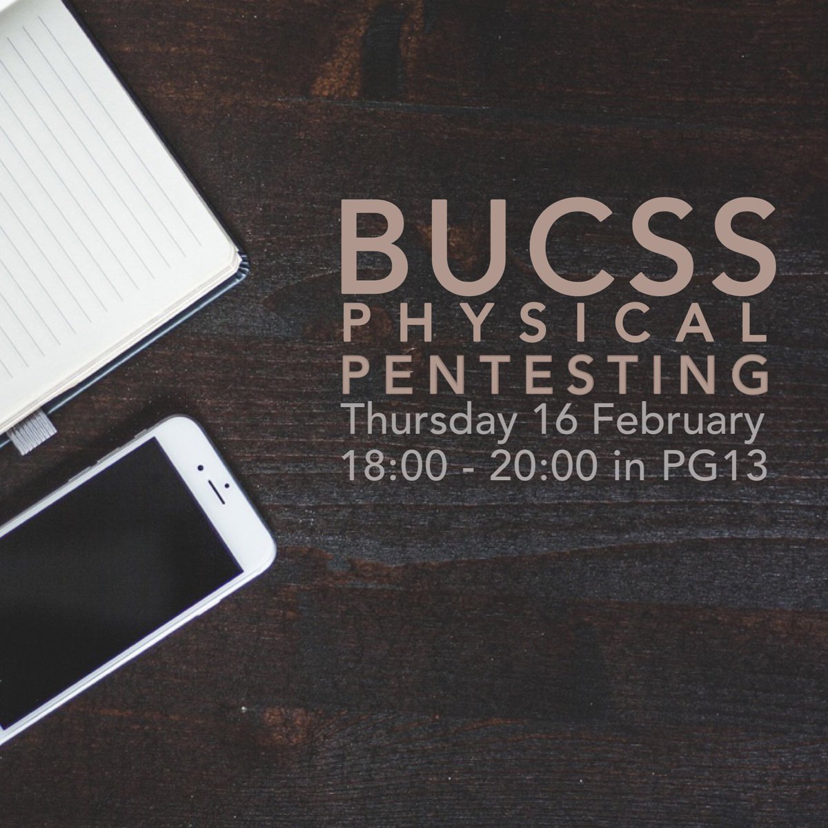 This week's session will be about Physical Pentesting in PG13 (Poole House, Cyber Security Labs), from 6pm-8pm tonight. 

Hope to see you all there! 
For more details, check the discord server

bucss.net/discord