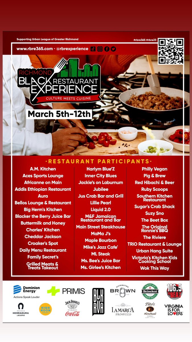 🚨 Richmond Black Restaurant Experience March 5th-12th 🚨

All roads lead to the Richmond Region as we INTENTIONALLY dine at our Black Own Restaurants, order from our Black Operated Food Trucks/Carts, and book our Black Caterers. 

Here’s our list of participants for #rbre23!