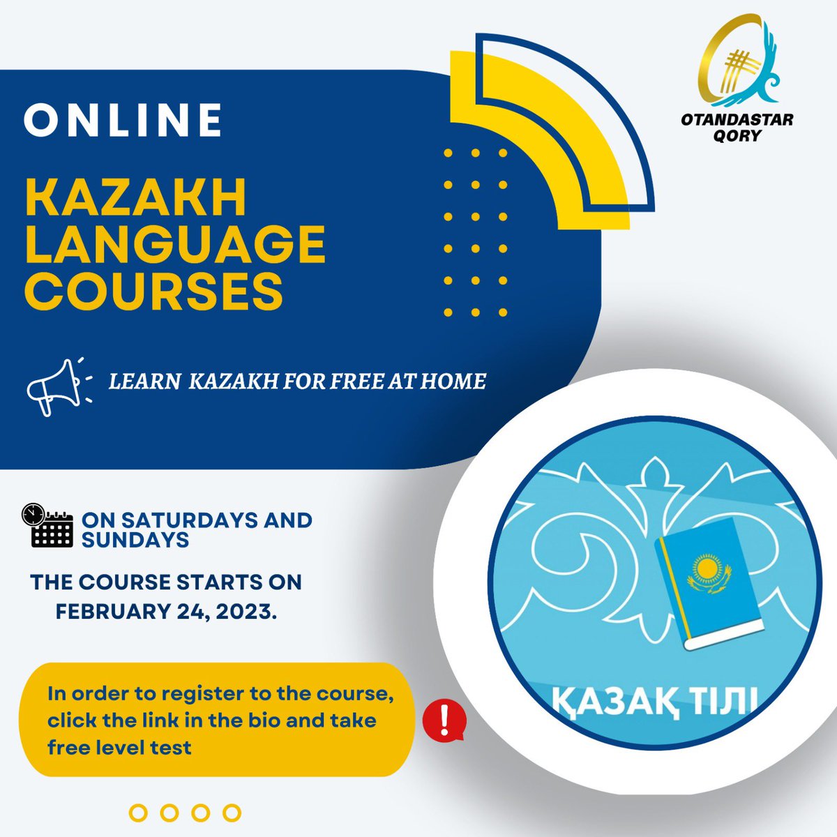KazakhEmbassy's tweet photo. We are pleased to announce that @otandastar launches free online #Kazakh language classes on February 24,2023. Courses are offered in Russian, English, Turkish, and Persian. Deadline for submissions is Feb. 22, 2023. 
Test your Kazakh for free here https://t.co/WC1p5ZujtQ https://t.co/oWZIkjJTb6