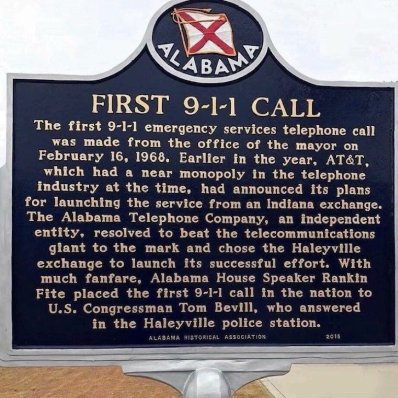 BergenPSOC's tweet photo. On February 16, 1968, Senator Rankin Fite completed the first 9-1-1 call made in the United States in Haleyville, Alabama. https://t.co/jmgZpQLfj1