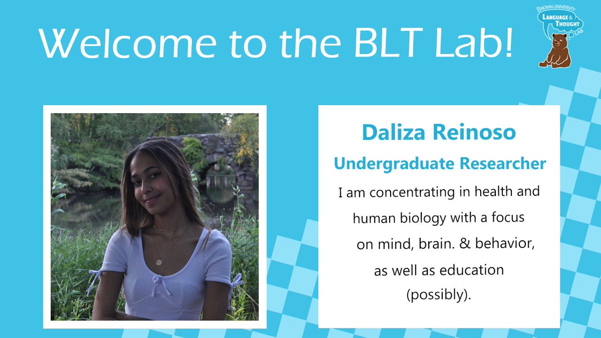 bltlab's tweet photo. Meet Daliza ('25). Her interests include neuroscience, behavior, and the social context for just about everything.  In her free time she enjoys playing music and skateboarding. Welcome to the BLT team! #bltlab #brownu #researchers https://t.co/cPZaJCe960