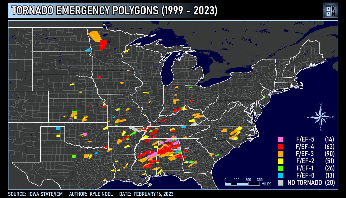 Happy to introduce y'all to my map of all tornado emergency polygons ever in existence, along with the rating of tornado that triggered the TORE. Careful quality check was done to ensure this list is full and accurate. Let me know what y'all think of it!