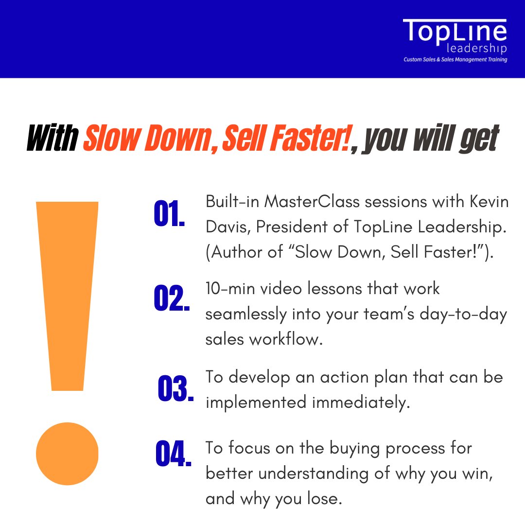 kevinfdavis's tweet image. Click through the graphics to learn why our online sales training, &quot;Slow Down, Sell Faster!&quot; works:

To learn more, click here: bit.ly/3fadNRH

#sales #salescourse #onlinesalestraining #salestraining #salesleader