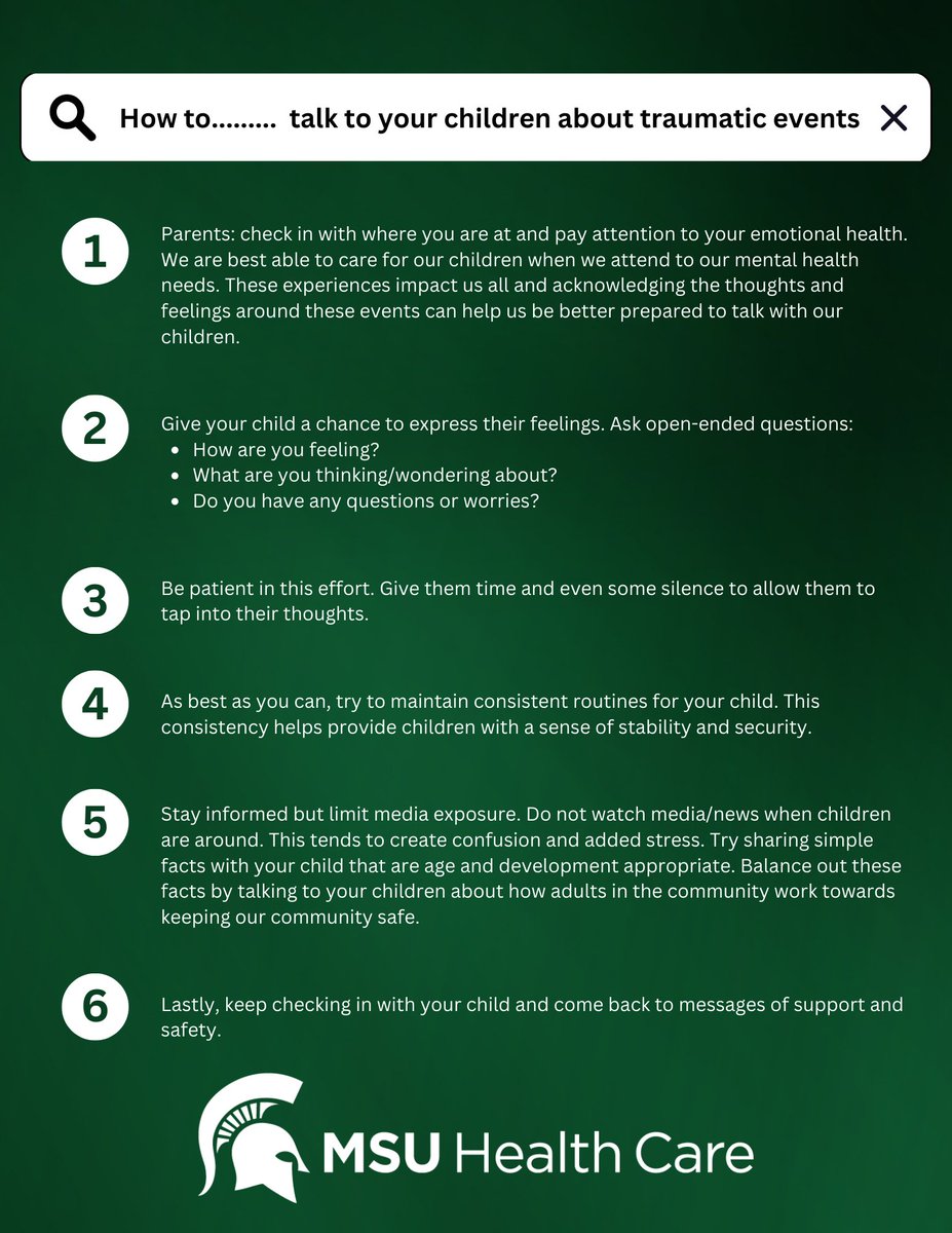 msuhealthcare's tweet photo. Associate Chief Medical Officer and pediatrician Robert Root, DO shares how to talk to your children about traumatic events. More resources are available at https://t.co/aJZGkEtbcu https://t.co/kjLvcMK8MN