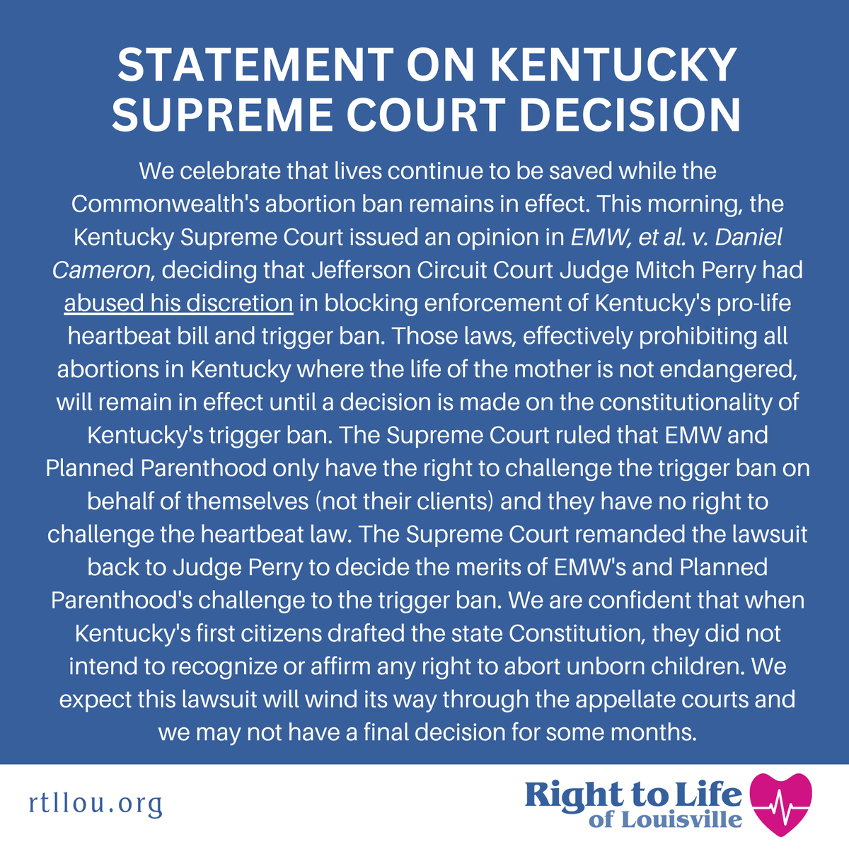 rtllou's tweet photo. Positive news from the Kentucky Supreme Court today! Lives will continue to be saved as the Human Life Protection Act and Heartbeat Law remain in effect while the abortion industry continues its legal challenge.
Our full statement is below. #prolife #changinghearts #savinglives https://t.co/iE2KYTEQqN