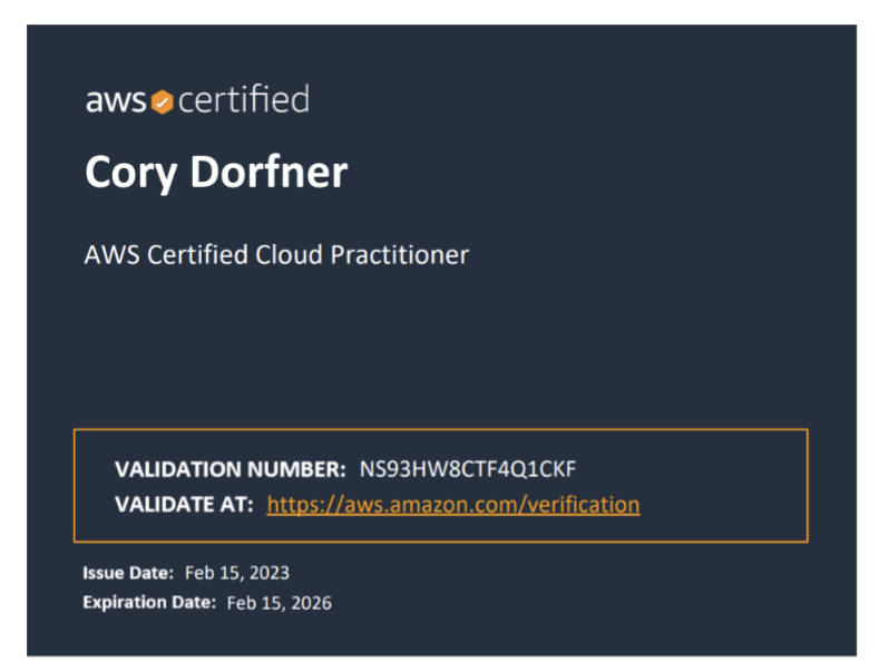 cdorfner's tweet photo. I'm officially an @awscloud Certified Cloud Practitioner!!

With my transition to a Developer, I set up personal goals to obtain various certifications. The AWS CCP was my first target. 

Next on the list is the AWS Developer certification 💪 🧠 🤓 https://t.co/uaxSsy2ZOv