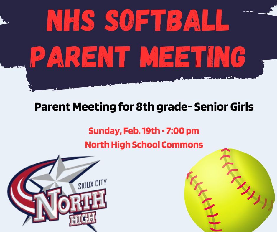 🥎 Attention 8th grade girls interested in softball! 
As incoming Freshmen, you are also eligible to play for NHS Softball during the 2023 summer. There will be a Parent Meeting for NHS feeder school 8th grade-senior girl interested Feb. 19th
7:00 p.m. 
North High Commons