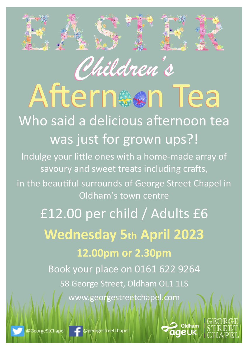 Come along to our Easter Children’s Afternoon Tea at <a href="/GeorgeStChapel/">George Street Chapel</a> on Wednesday 5th April to enjoy some tasty treats and Easter craft. #easter2023 #oldham #local #afternoontea
