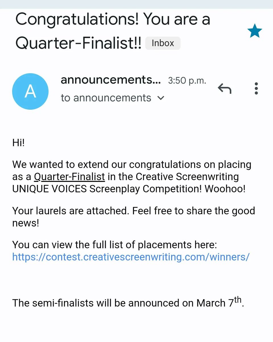 StephBrandolini's tweet image. Thank you @CreativeScreen for the Quarter-Finalist placement for The Perceptionists! 🥰✍️📝💖 
Congrats to all the other Quarter-Finalists! 👏🏼🫶🏼👏🏼
#writing #screenwriting #screenwritingcompetition #WritingCommmunity #creativescreenwriting #theperceptionists #quarterfinalist