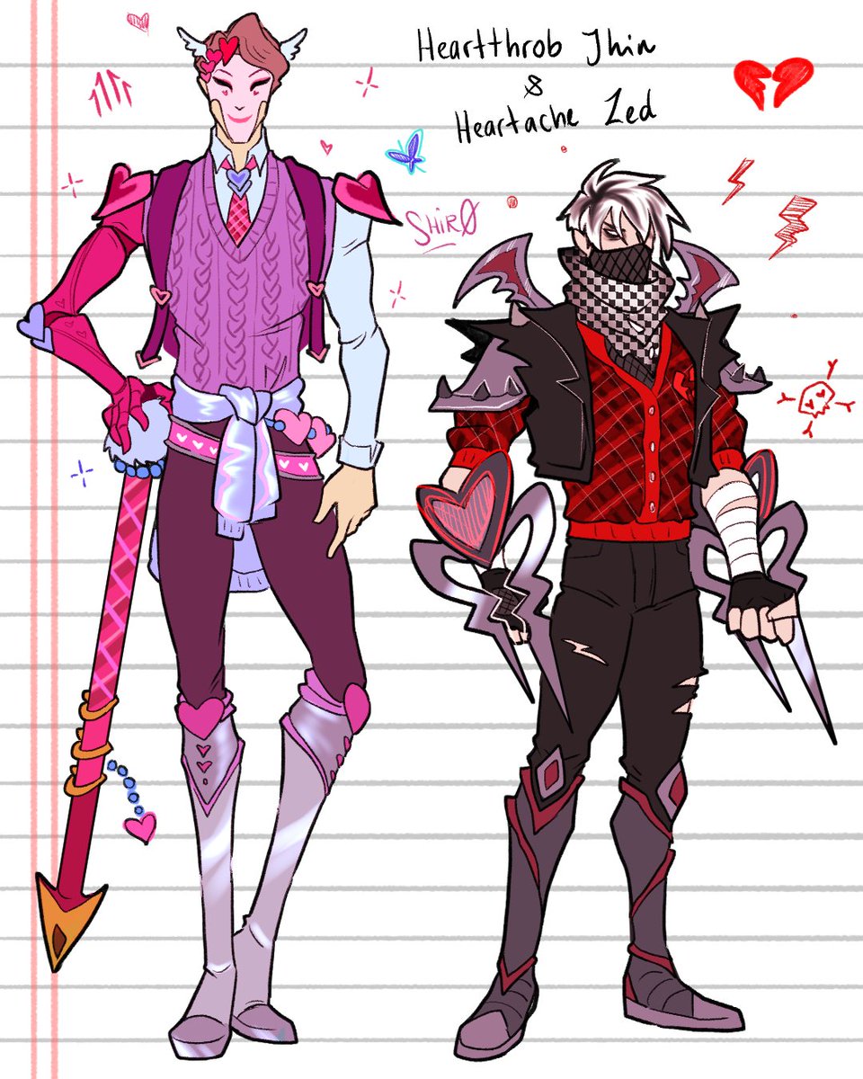 Lunatharsis_'s tweet photo. He was a punk, he did ballet (? 💘
Lil concepts of #Heartthrob #Jhin and #Heartache #Zed 💗💔
In this AU probably Jhin's Cait bestie and Zed secretly listens to Avril Lavigne.

#leagueoflegends #lol #lolskin #skinconcept #leagueoflegendsfanart #artoflegends #jhinxzed #caitvi https://t.co/Hz5oWr2yj2